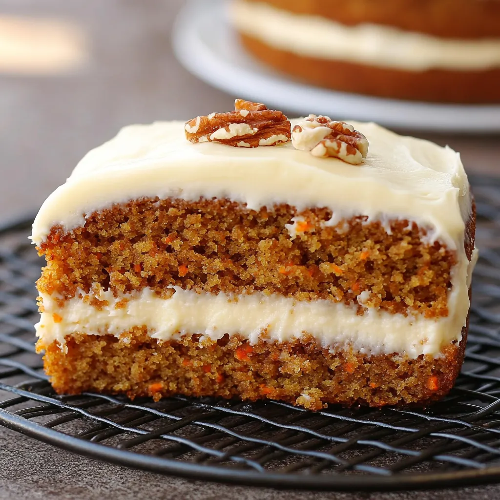 Torta de zanahoria casera cubierta con frosting de queso crema sobre una bandeja de madera