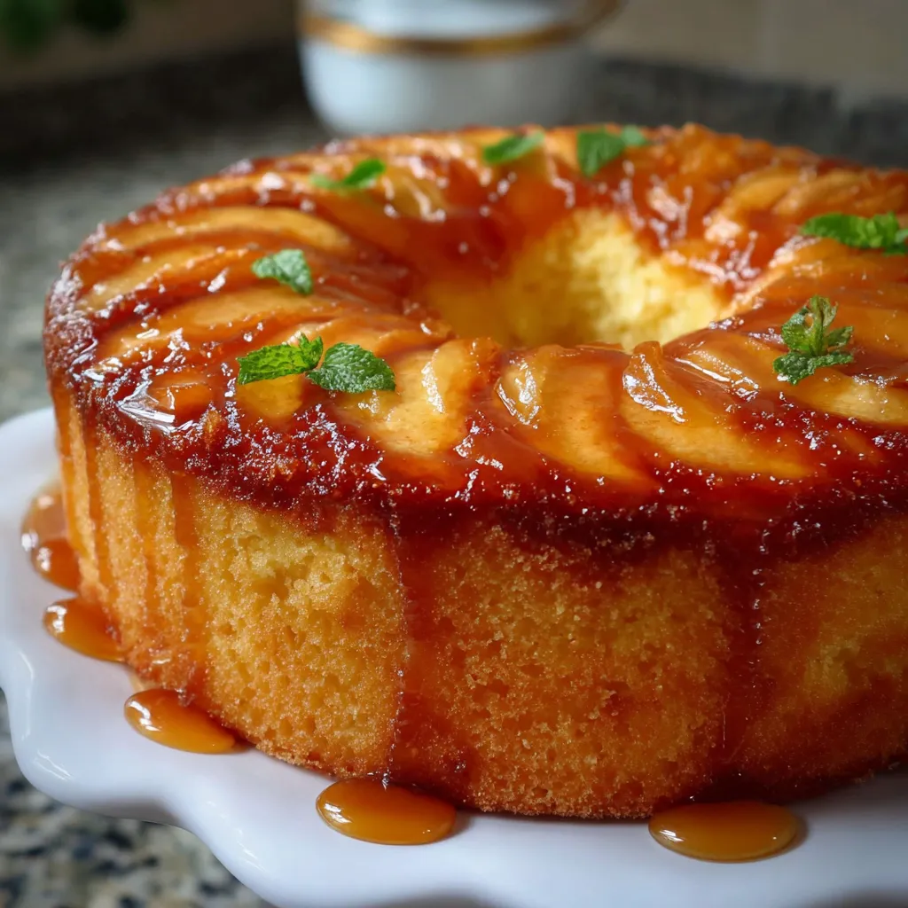 Torta de manzana invertida recién horneada sobre plato blanco, con capas de manzana caramelizada visibles.