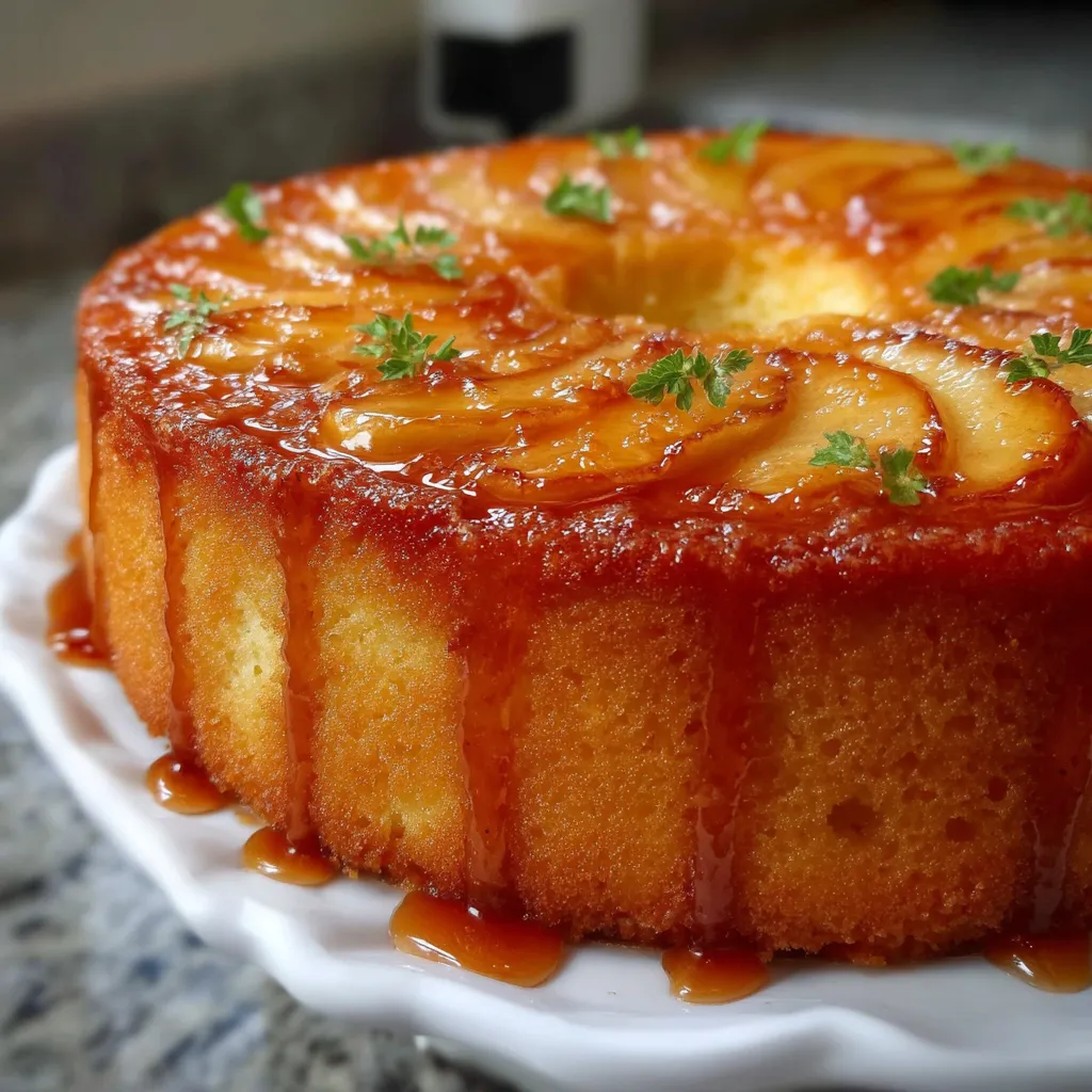 Torta de manzana invertida recién horneada sobre plato blanco, con capas de manzana caramelizada visibles.