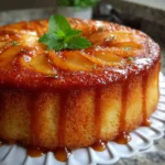 Torta de manzana invertida recién horneada sobre plato blanco, con capas de manzana caramelizada visibles.