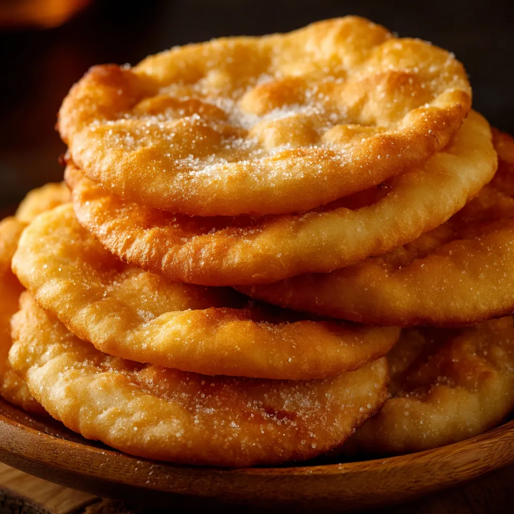 Tortas fritas criollas recién hechas, doradas y espolvoreadas con azúcar, servidas en un plato rústico.