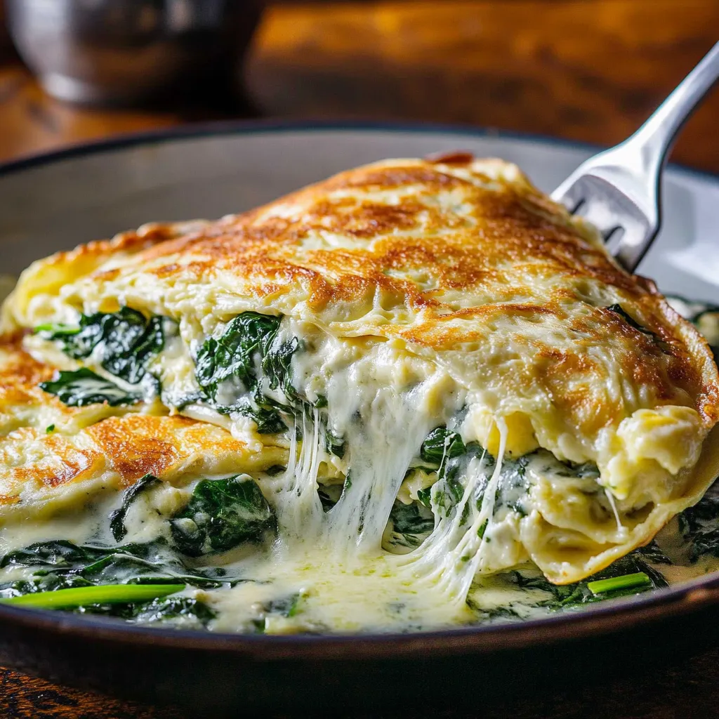 Tortilla de espinacas y queso recién hecha servida en plato blanco