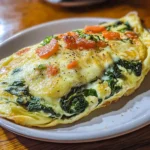 Tortilla de espinacas y queso recién hecha servida en plato blanco