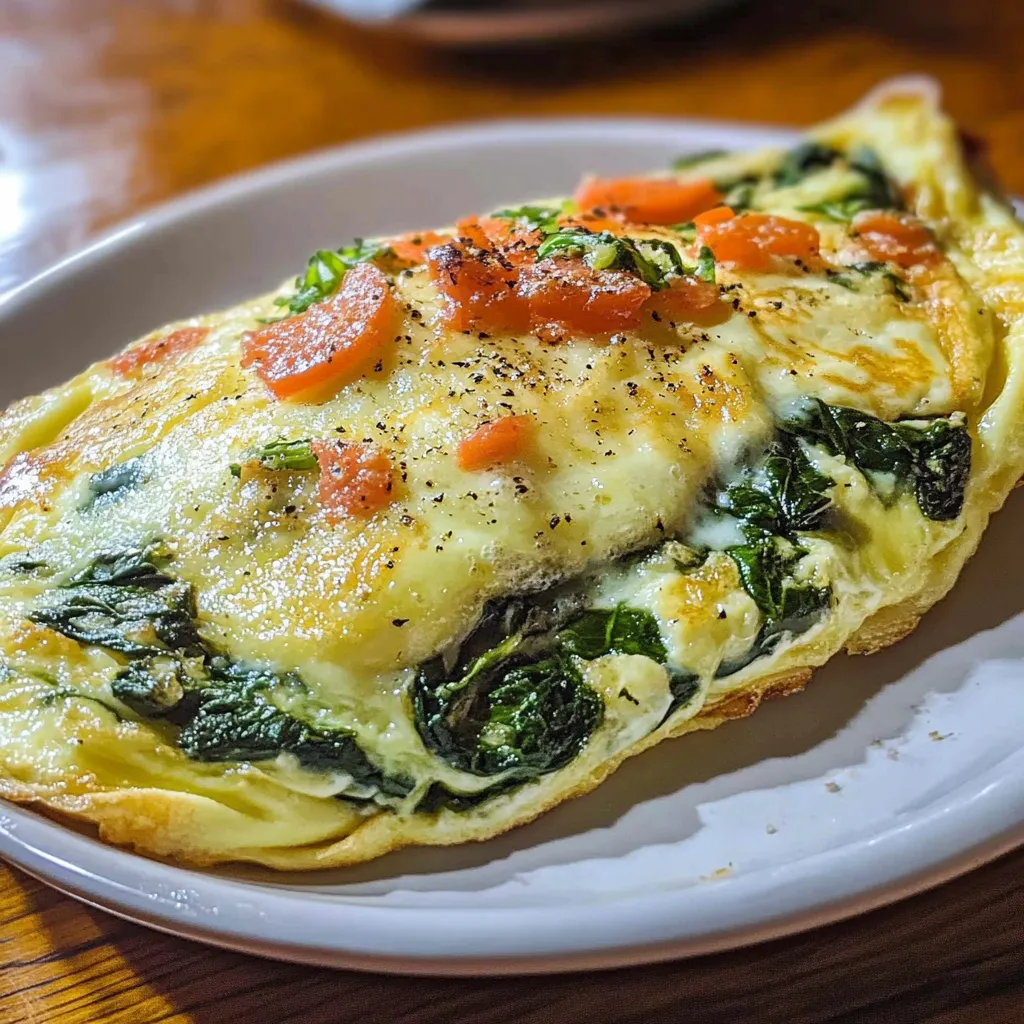 Tortilla de espinacas y queso recién hecha servida en plato blanco