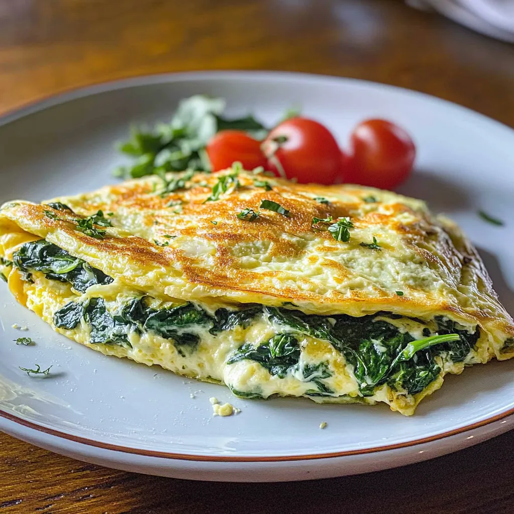 Tortilla de espinacas y queso recién hecha servida en plato blanco