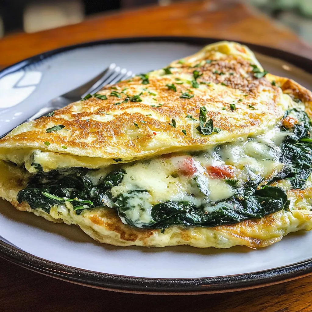 Tortilla de espinacas y queso recién hecha servida en plato blanco