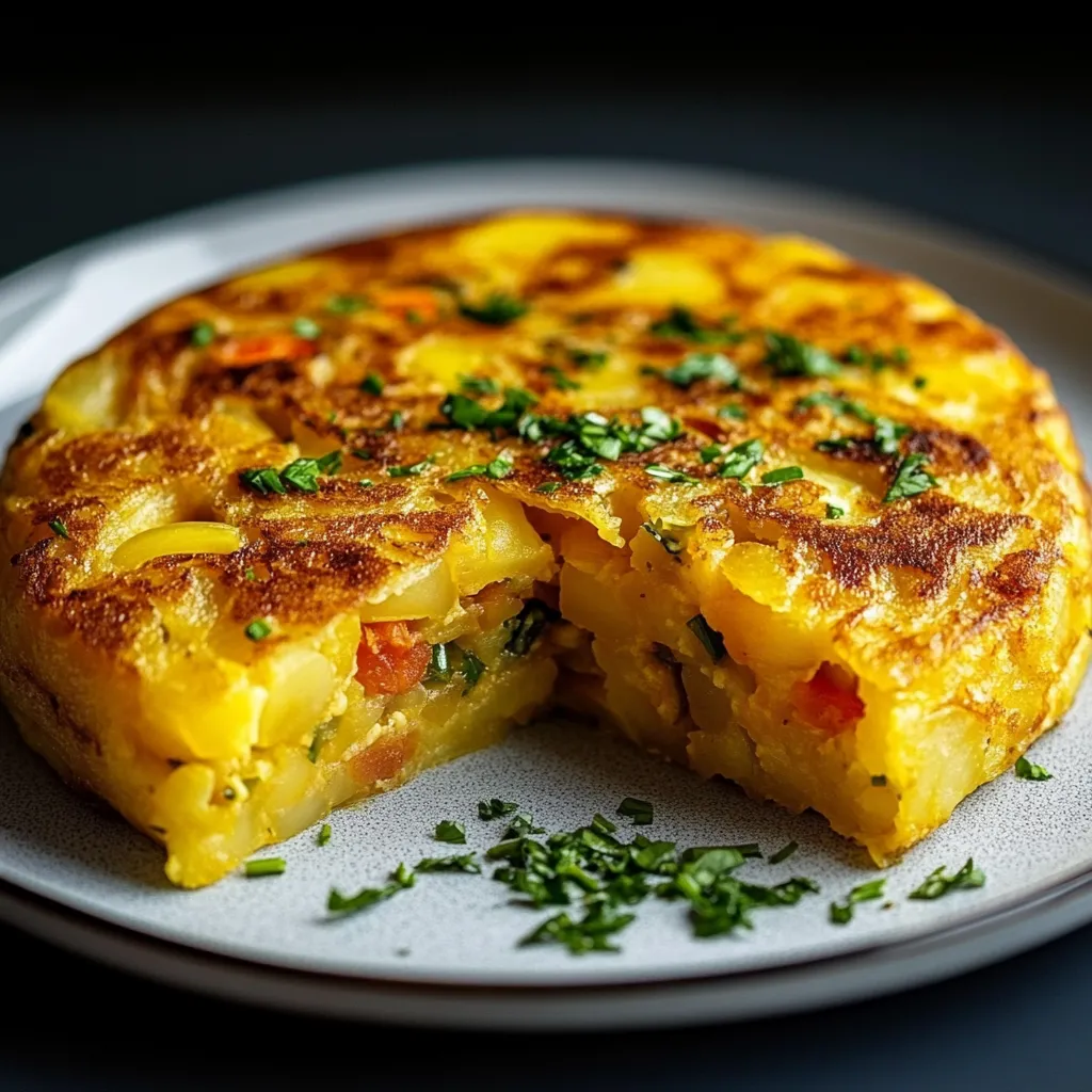 Tortilla de patatas con coliflor y verduras servida en plato blanco, con textura dorada y trozos visibles de verdura.