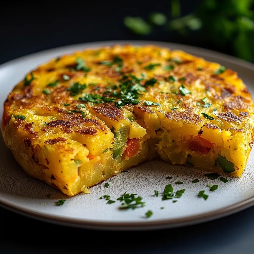Tortilla de patatas con coliflor y verduras servida en plato blanco, con textura dorada y trozos visibles de verdura.