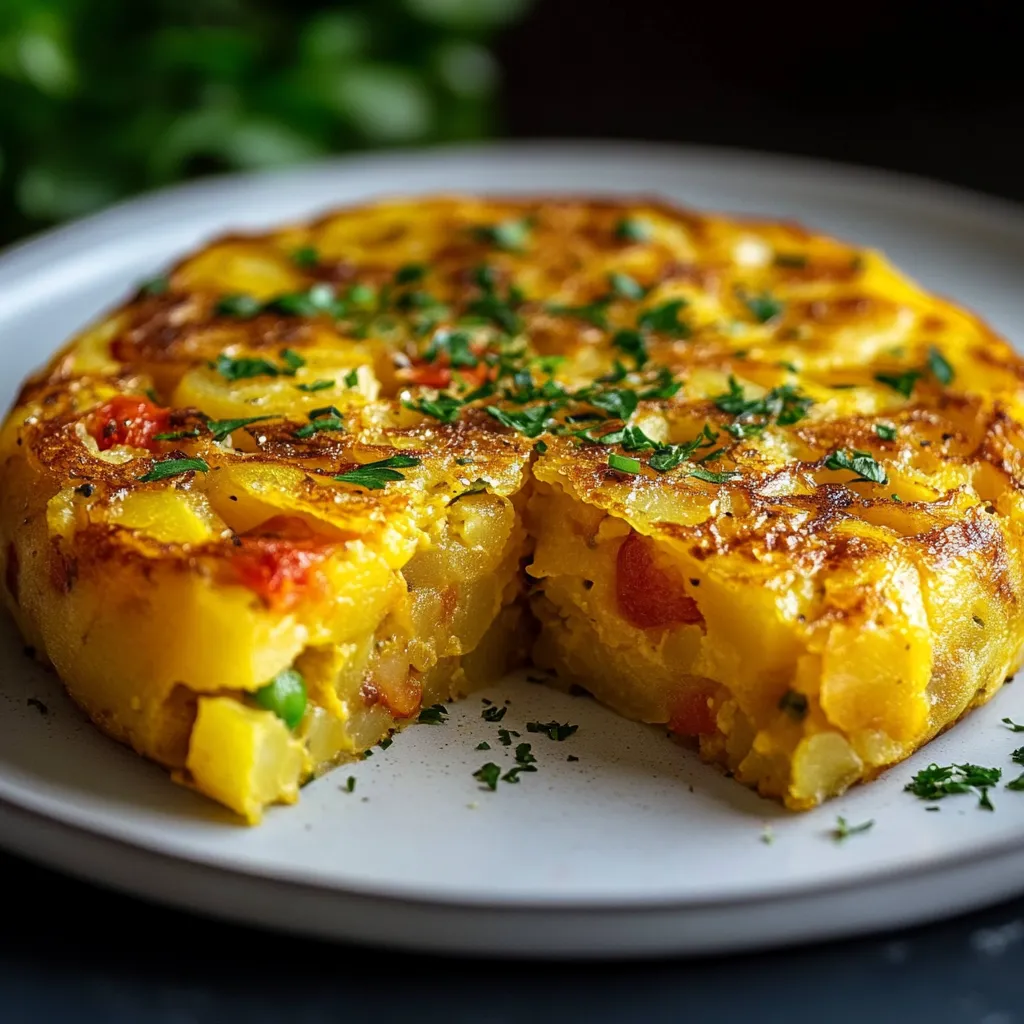 Tortilla de patatas con coliflor y verduras servida en plato blanco, con textura dorada y trozos visibles de verdura.