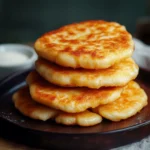 Tortitas de queso doradas y servidas con miel sobre plato blanco