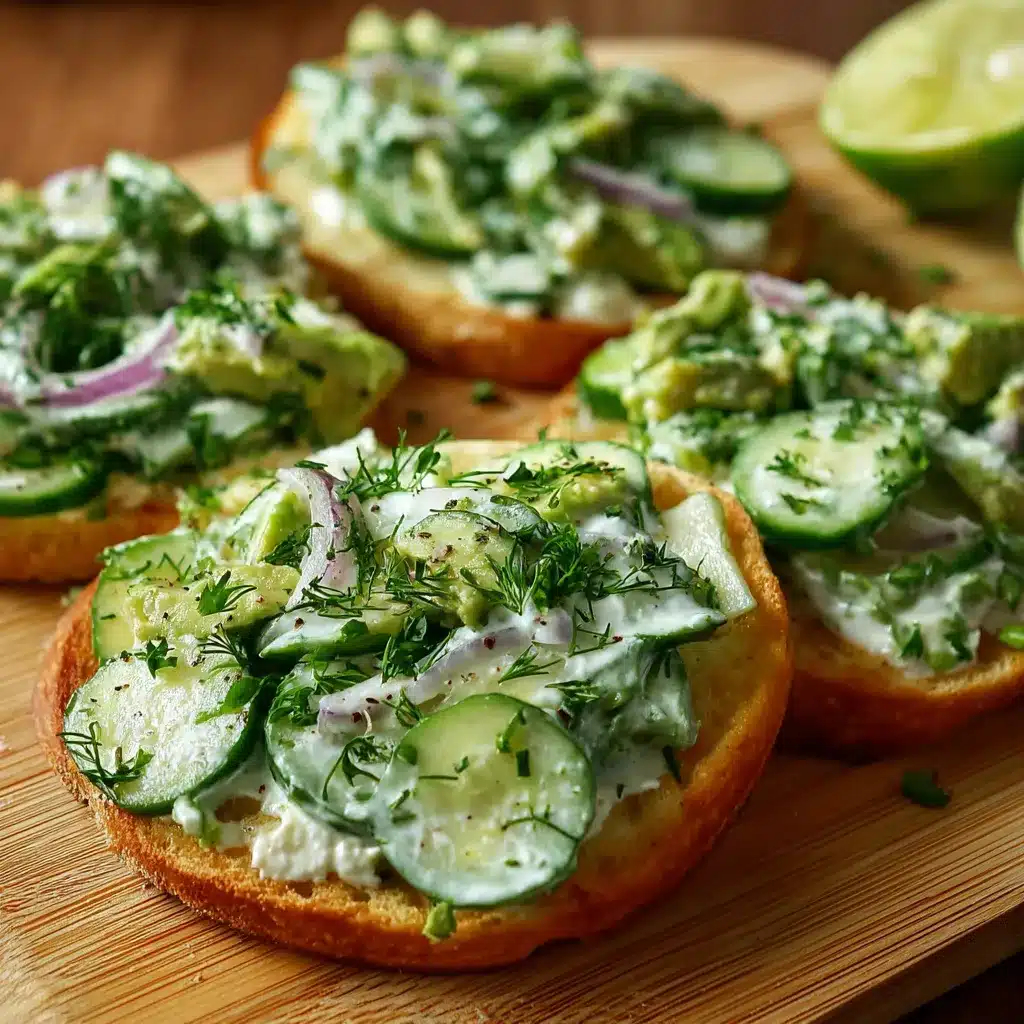 Tostadas con crema de aguacate y ensalada de pepino sobre pan crujiente
