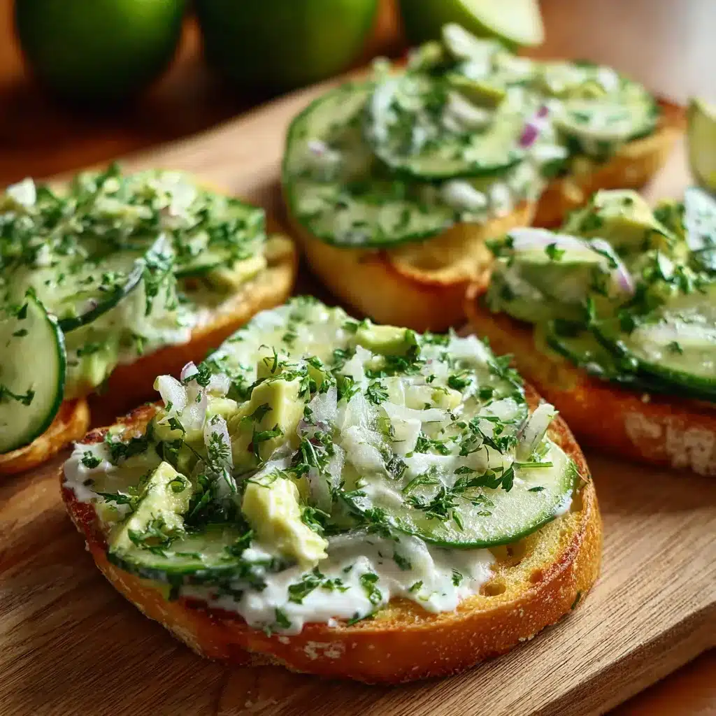 Tostadas con crema de aguacate y ensalada de pepino sobre pan crujiente