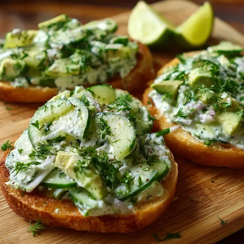 Tostadas con crema de aguacate y ensalada de pepino sobre pan crujiente