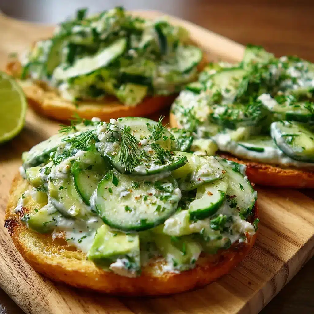 Tostadas con crema de aguacate y ensalada de pepino sobre pan crujiente