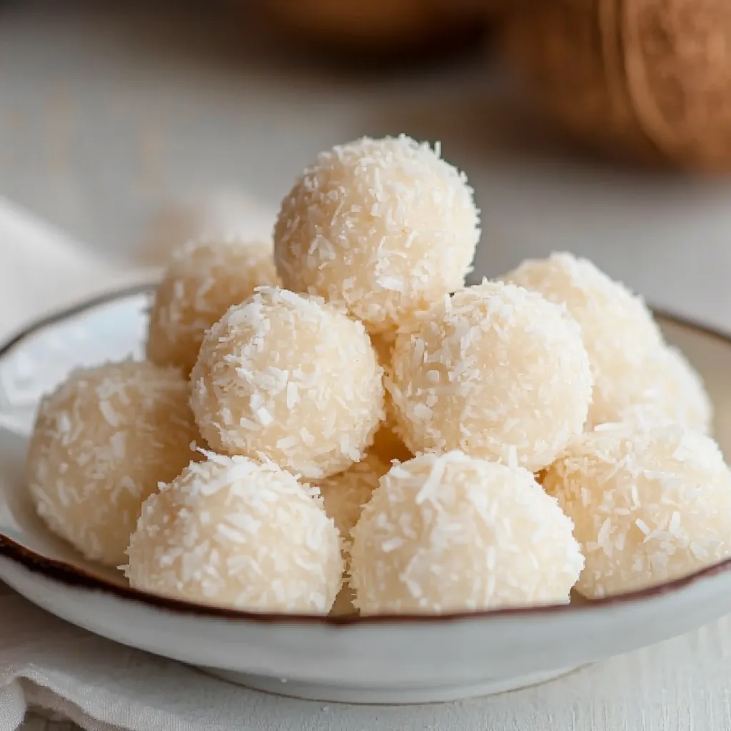 Trufas caseras de coco cubiertas en ralladura, servidas sobre un plato blanco