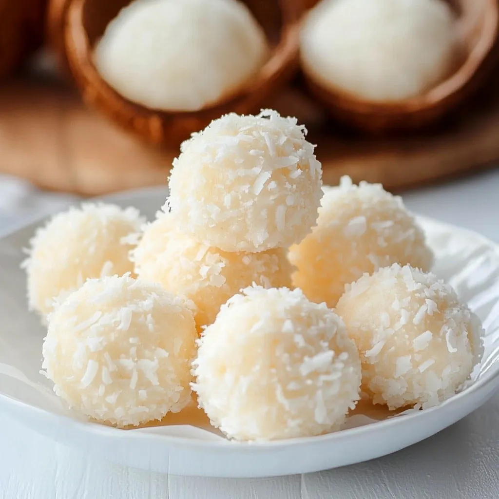 Trufas caseras de coco cubiertas en ralladura, servidas sobre un plato blanco