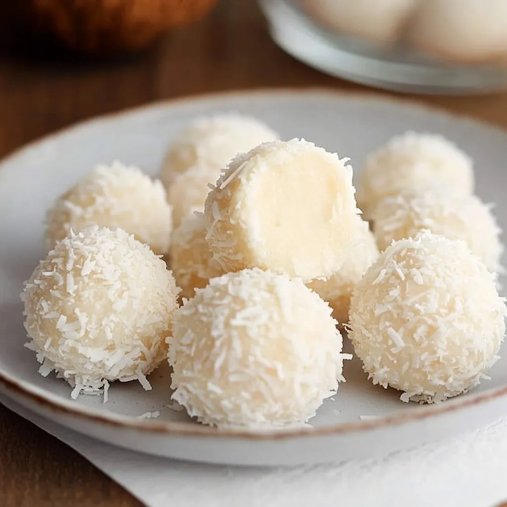 Trufas caseras de coco cubiertas en ralladura, servidas sobre un plato blanco