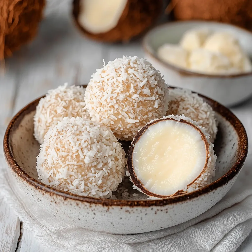 Trufas caseras de coco cubiertas en ralladura, servidas sobre un plato blanco