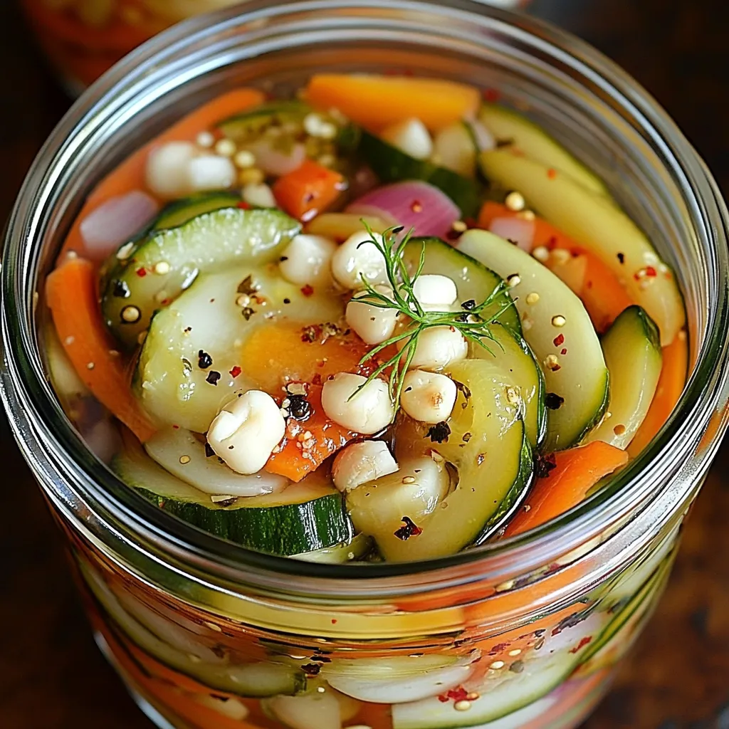 Verduras encurtidas en frasco de vidrio, con zanahoria, pepino, pimiento y cebolla en vinagre