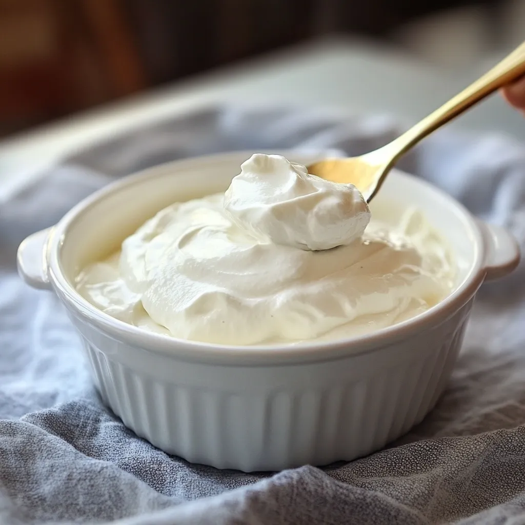 Recipiente de vidrio con yogur griego casero espeso y cremoso, listo para servir.