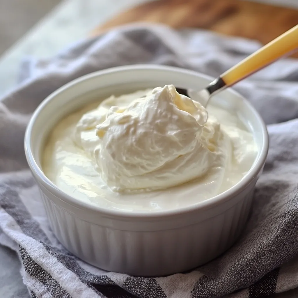 Recipiente de vidrio con yogur griego casero espeso y cremoso, listo para servir.