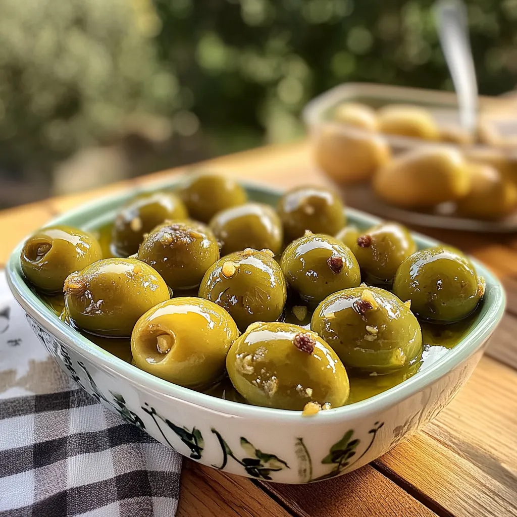 Frasco de aceitunas aliñadas al estilo tradicional con limón y hierbas frescas
