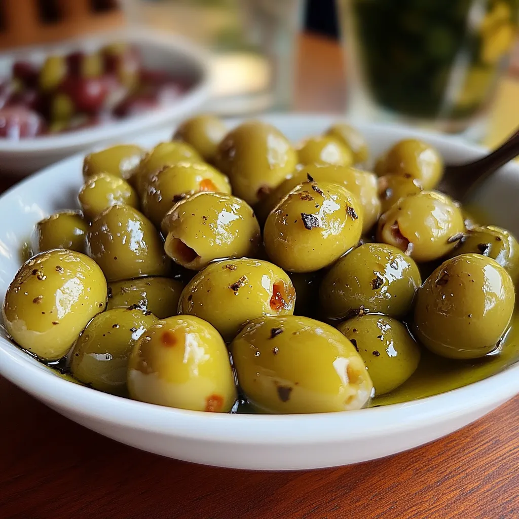 Frasco de aceitunas aliñadas al estilo tradicional con limón y hierbas frescas