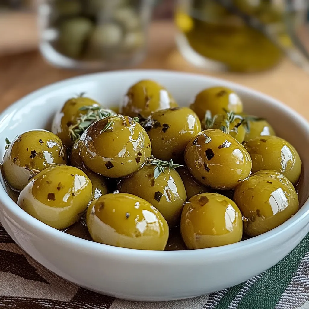 Frasco de aceitunas aliñadas al estilo tradicional con limón y hierbas frescas