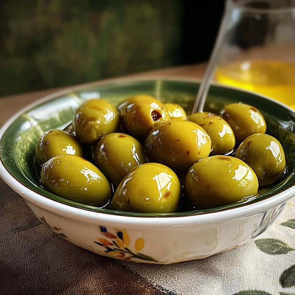 Frasco de aceitunas aliñadas al estilo tradicional con limón y hierbas frescas