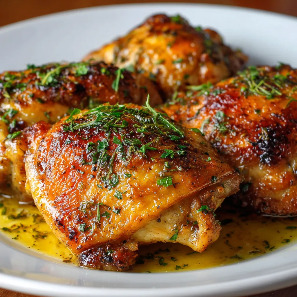 Pechugas de pollo doradas con salsa de miel y limón servidas en plato blanco con perejil picado