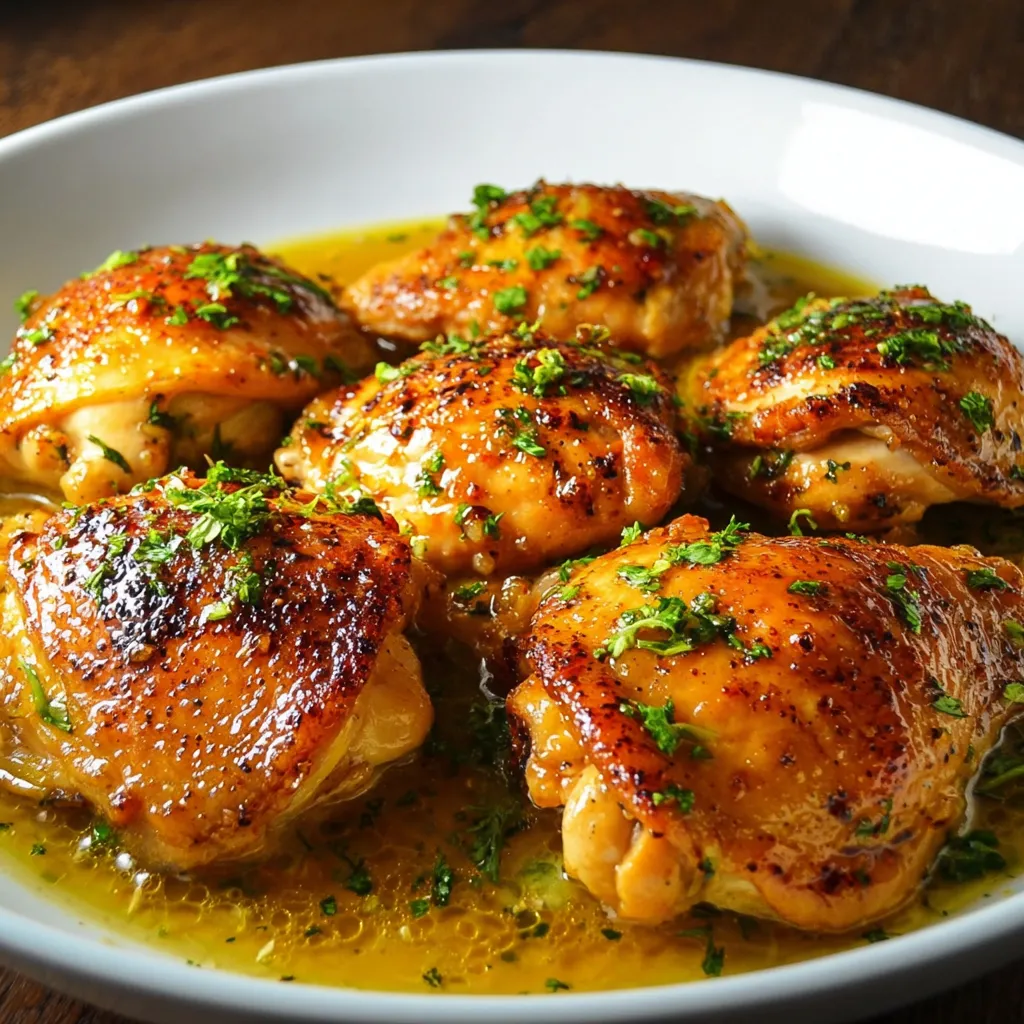 Pechugas de pollo doradas con salsa de miel y limón servidas en plato blanco con perejil picado