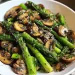 Plato de espárragos y champiñones salteados con ajo y perejil sobre un plato blanco