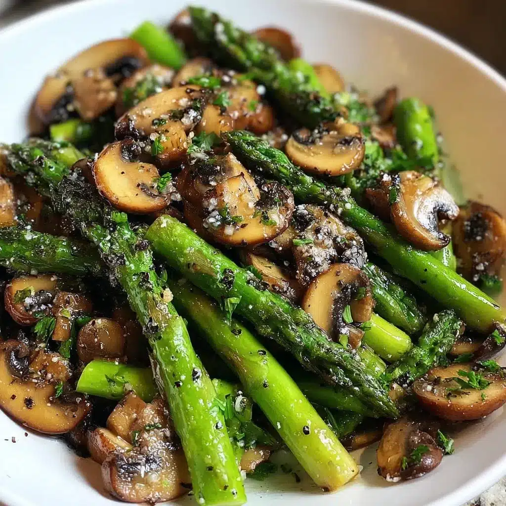 Plato de espárragos y champiñones salteados con ajo y perejil sobre un plato blanco