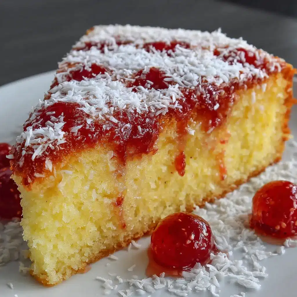 Torta de limón con mermelada de fresa y coco decorada y lista para servir