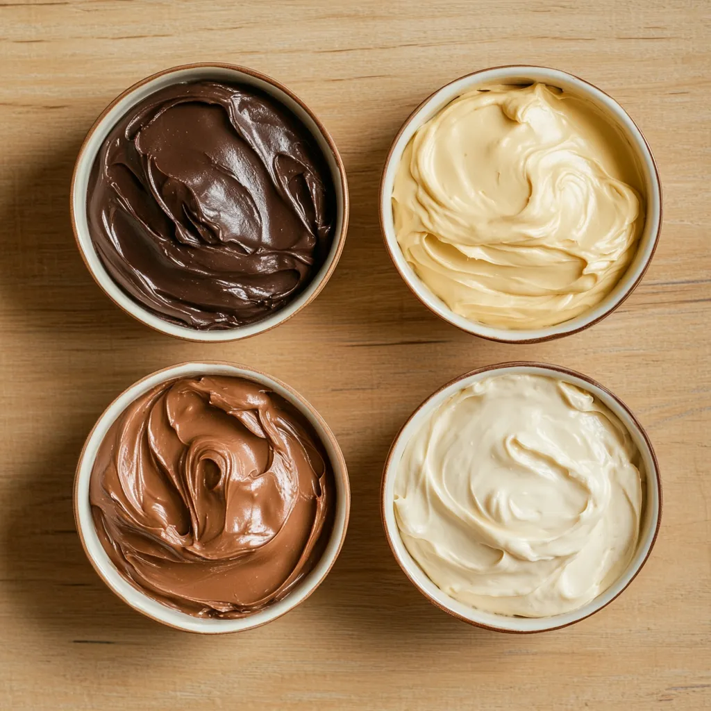 Rellenos caseros para tortas: crema de café, ganache de chocolate, dulce de leche y crema pastelera sobre bizcochos.