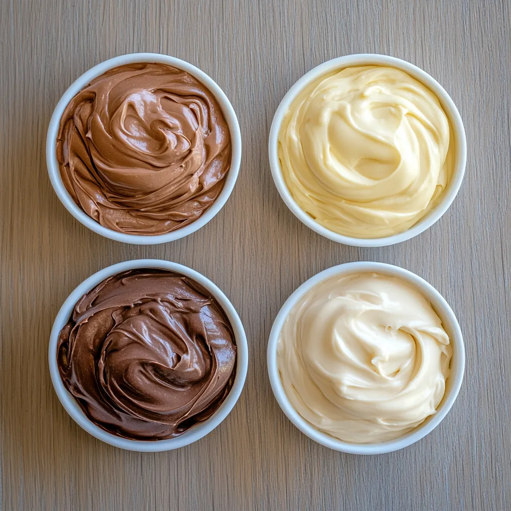 Rellenos caseros para tortas: crema de café, ganache de chocolate, dulce de leche y crema pastelera sobre bizcochos.