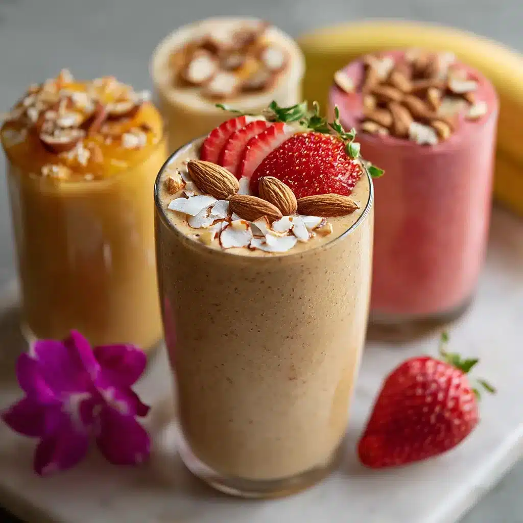 Batido saludable de frutas frescas servido en vaso decorado con rodajas de fruta