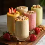 Batido saludable de frutas frescas servido en vaso decorado con rodajas de fruta