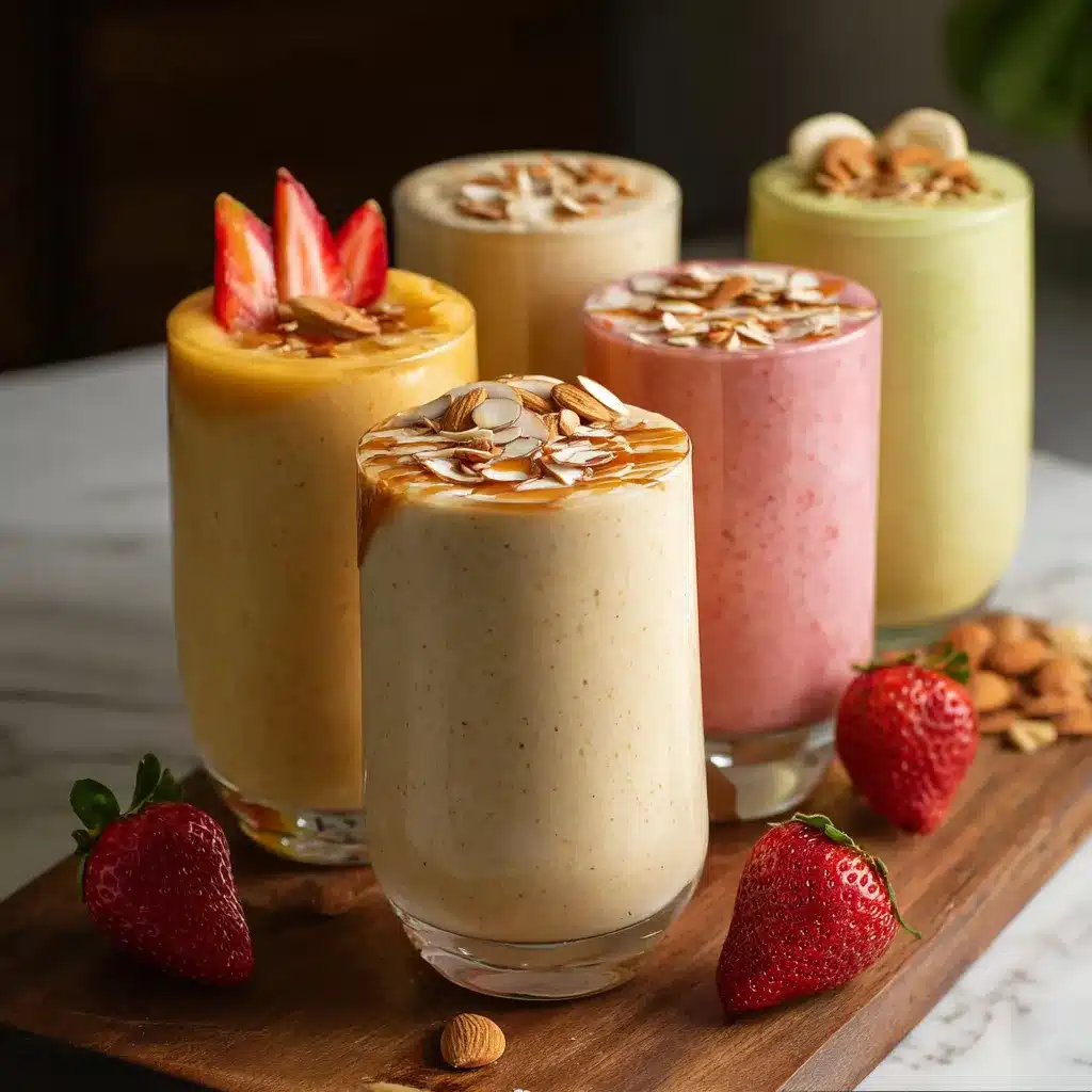 Batido saludable de frutas frescas servido en vaso decorado con rodajas de fruta