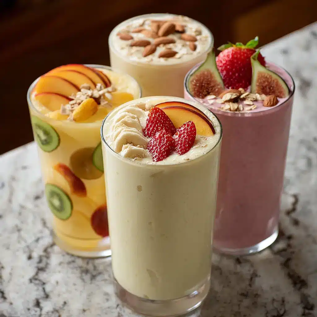 Batido saludable de frutas frescas servido en vaso decorado con rodajas de fruta