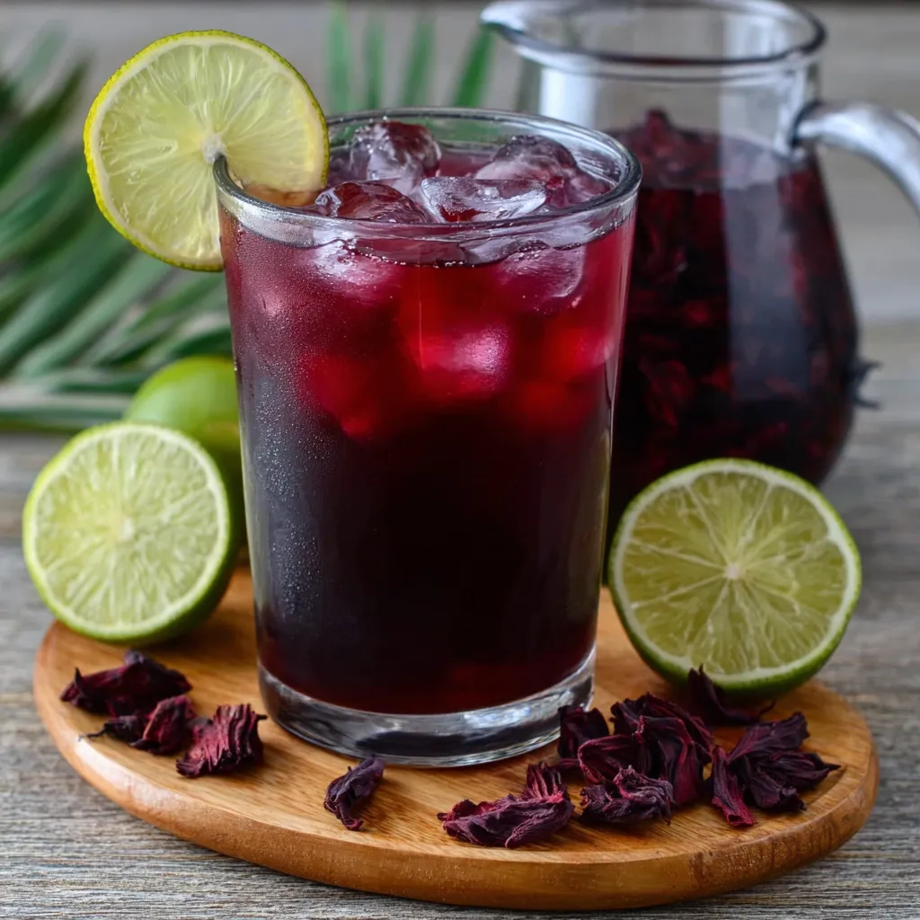 Vaso de agua de Jamaica con hielo servido en un vaso transparente con rodaja de limón