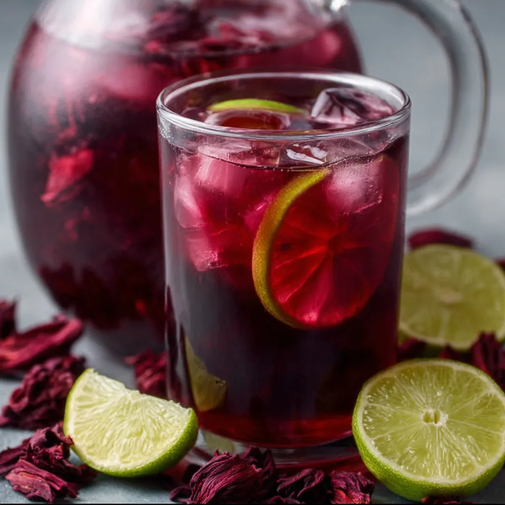 Vaso de agua de Jamaica con hielo servido en un vaso transparente con rodaja de limón