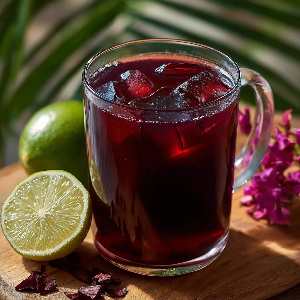Vaso de agua de Jamaica con hielo servido en un vaso transparente con rodaja de limón