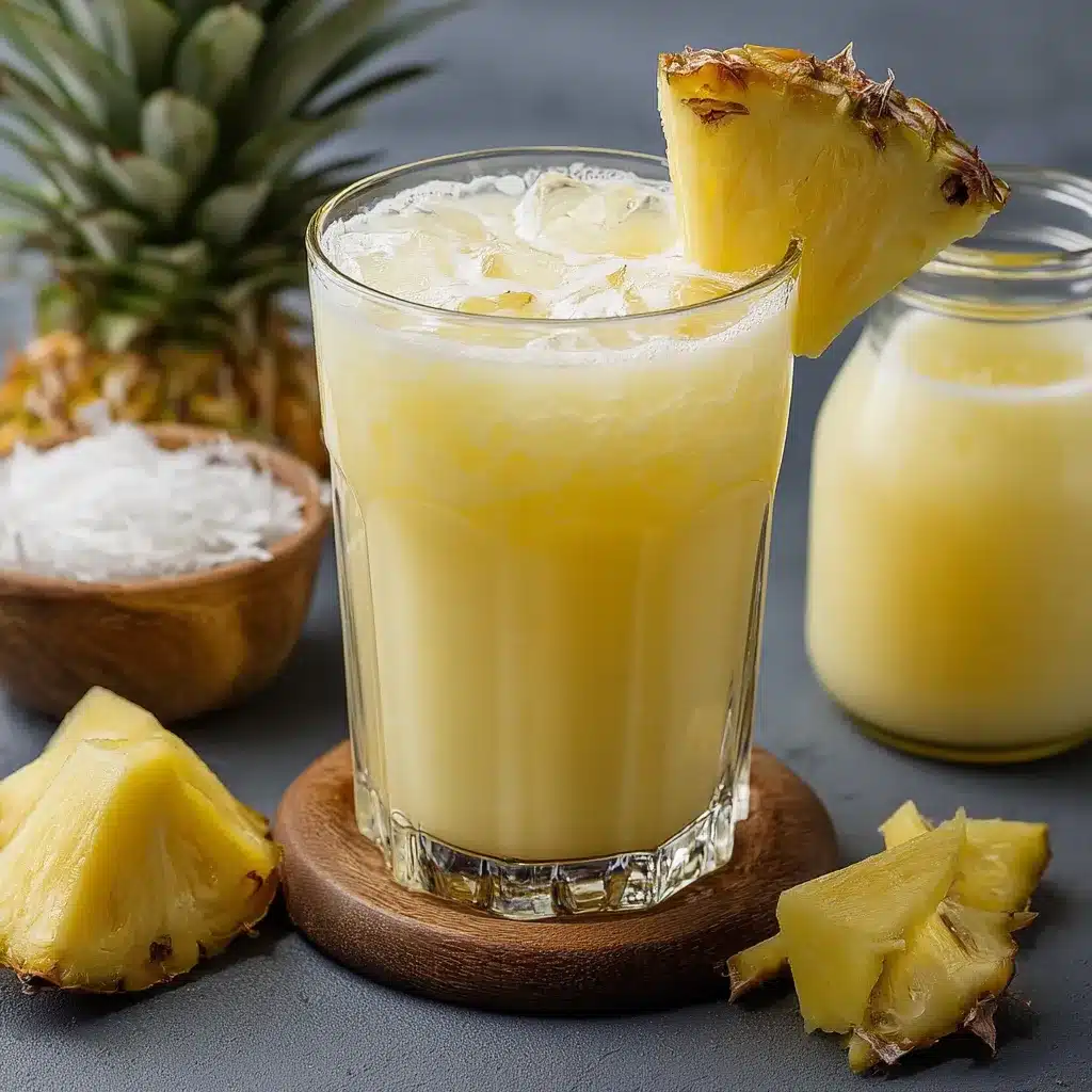 Vaso de Agua Fresca de Piña Colada con hielo y rodaja de piña como decoración