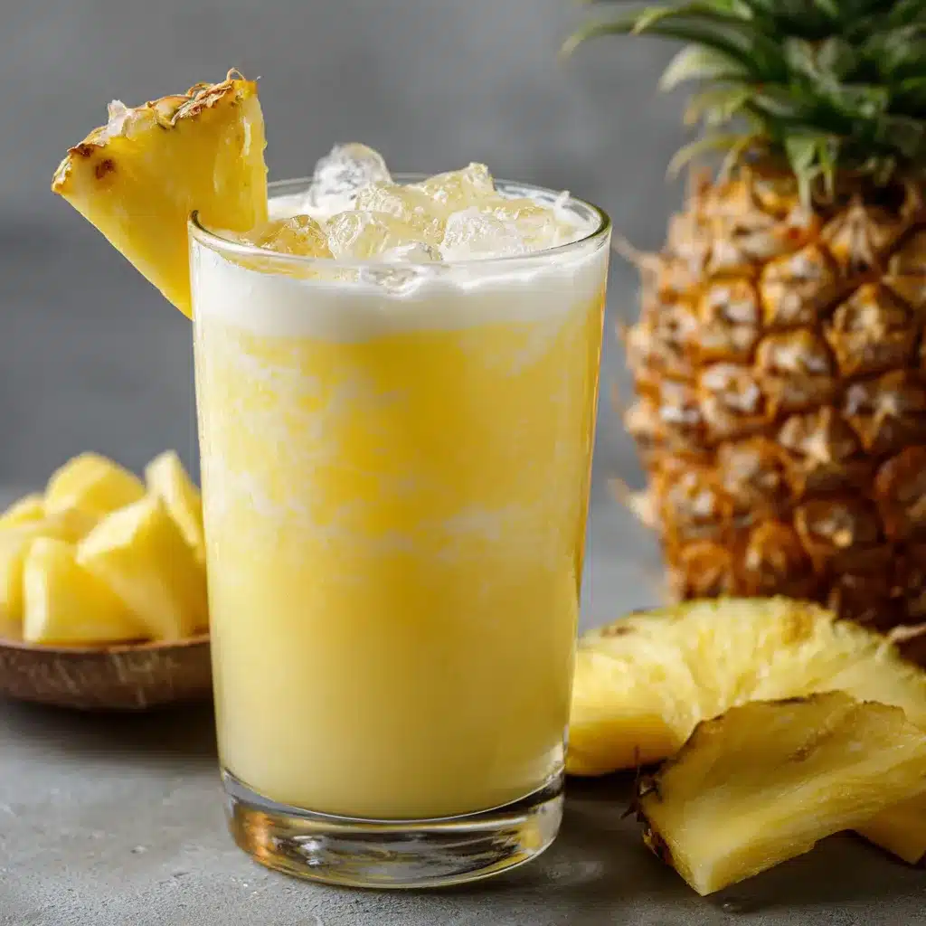 Vaso de Agua Fresca de Piña Colada con hielo y rodaja de piña como decoración