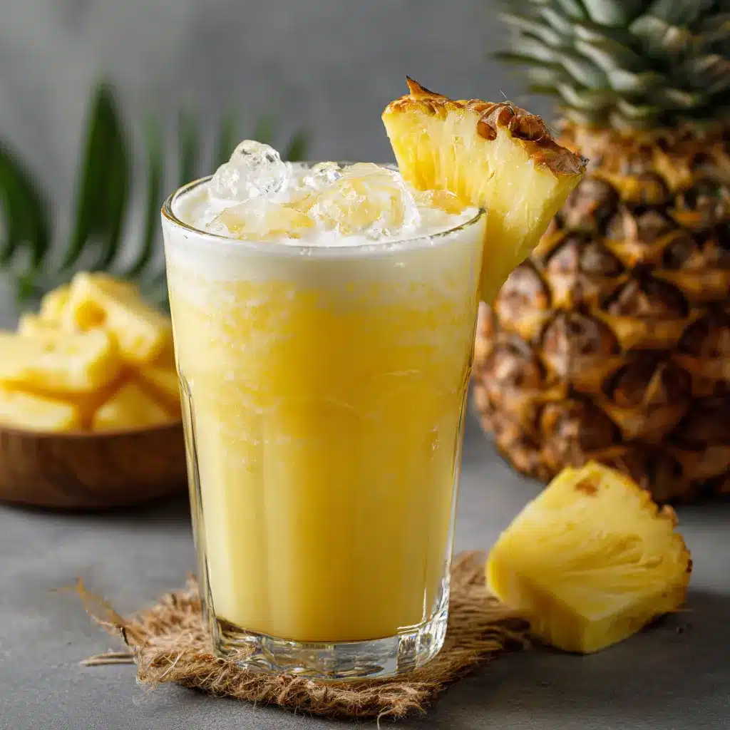 Vaso de Agua Fresca de Piña Colada con hielo y rodaja de piña como decoración