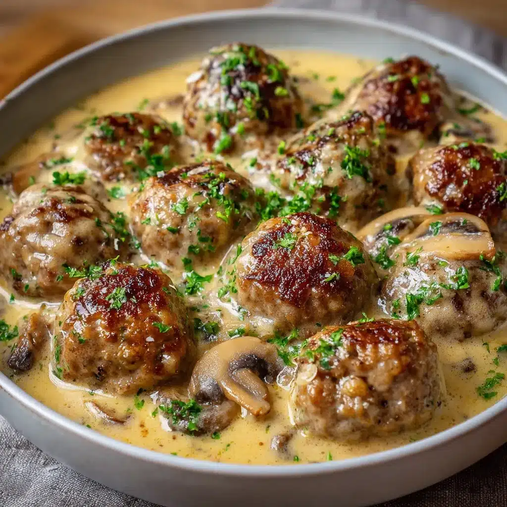 Albóndigas caseras en salsa cremosa de champiñones sobre un plato blanco