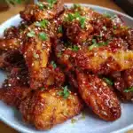 Alitas de pollo crujientes bañadas en glaseado de miel y ajo servidas en un plato rústico