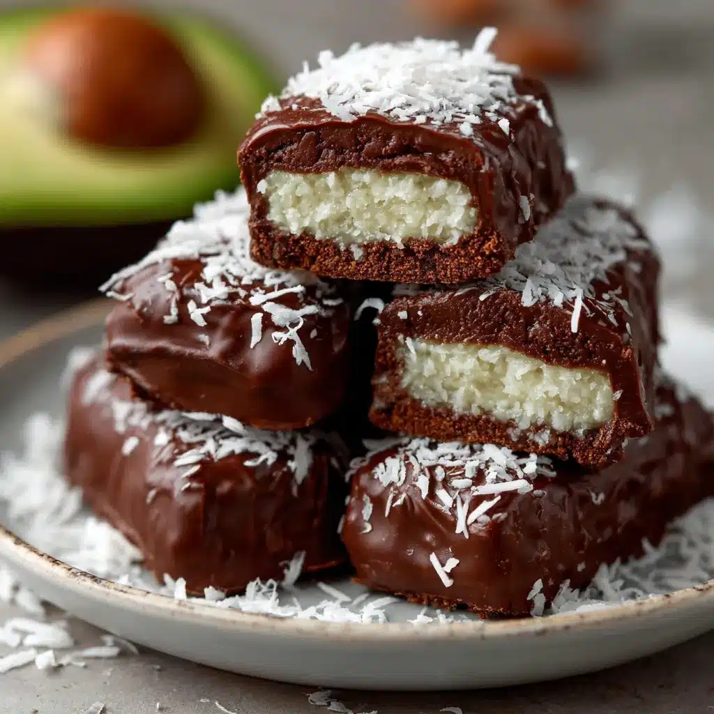 Barritas saludables y nutritivas de coco bañadas en chocolate oscuro sobre papel manteca