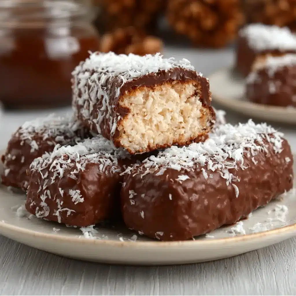 Barritas saludables y nutritivas de coco bañadas en chocolate oscuro sobre papel manteca